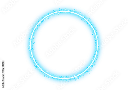 Neon glowing blue circular ring frame with glittering dust particles. Electric luminous neon light effect shiny circular border for modern design and mockups. Vector illustration.