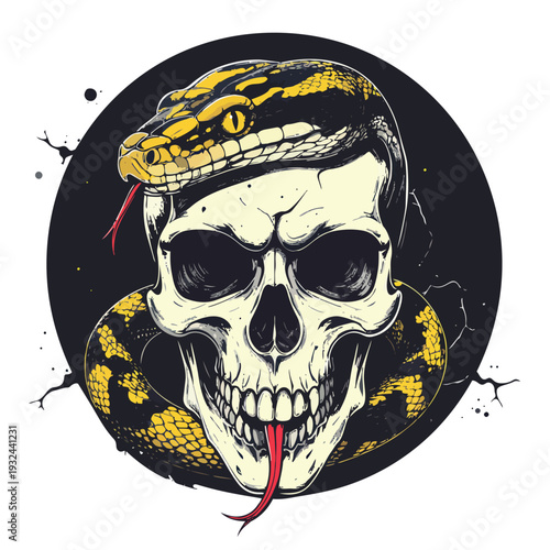 Serpent's Embrace: A haunting illustration depicts a skull entwined by a striking snake, its piercing gaze suggesting mystery and danger.