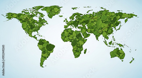 Green world map illustration with leafy continents on light blue background symbolizing global ecology and sustainability efforts worldwide