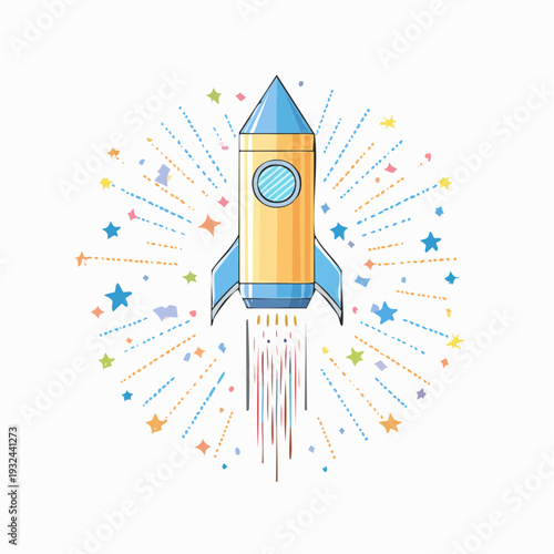Colorful cartoon rocket ship launching with stars.
