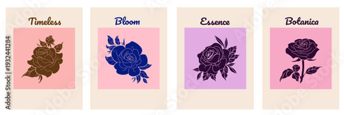 Set of Four Aesthetic Floral Posters Featuring Rose Silhouettes and Typography. Perfect for Modern Wall Art, Social Media Backgrounds or Elegant Product Packaging and Branding.