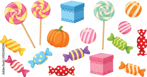 Colorful Candy and Lollipop Collection with Sweet Treats, Boxes, and Halloween Themes for Dessert, Design, and Celebration