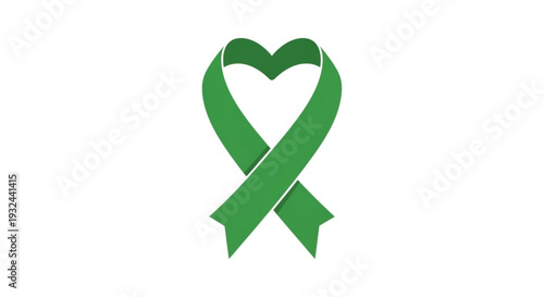 Green awareness ribbon forming a heart shape symbolizing health wellness and environmental consciousness on a white background