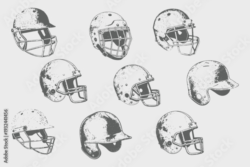 Vintage sketch Cricket Helmet, Baseball, American Football, Rugby, Hockey, Lacrosse Helmet. Hand drawn sports Helmet set illustration. eps 10