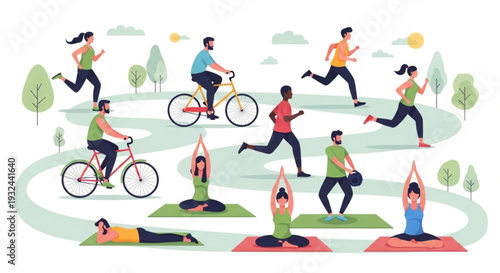 People engaging in various outdoor fitness activities like yoga running and cycling in a park