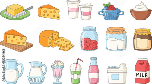 Dairy Products and Sweet Treats Set Featuring Cheese, Milk, Yogurt, and Ice Cream for Culinary, Food