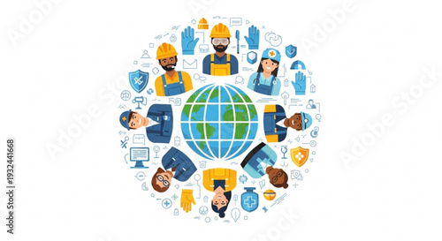Global workforce and technology icons surround earth symbolizing industry communication and innovation in a modern digital world with diverse professionals