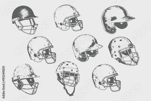 Vintage engraving style sports Helmet set vector illustration. Isolated retro Lacrosse Helmet, Cricket Helmet, Baseball, American Football, Rugby, Hockey. Eps 10