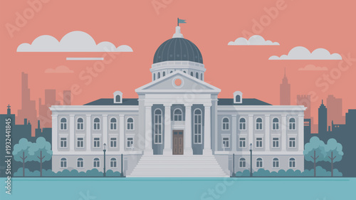 A large white building with a dome and columns stands in front of a city skyline at sunset