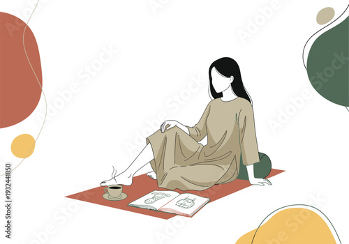 Woman reading on red rug vector illustration