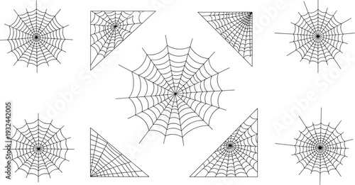Intricate Spider Web Vector Illustration with Symmetrical Circular and Triangular Designs for Halloween Graphics, Nature Patterns, Decorative Art, and Digital Media Projects