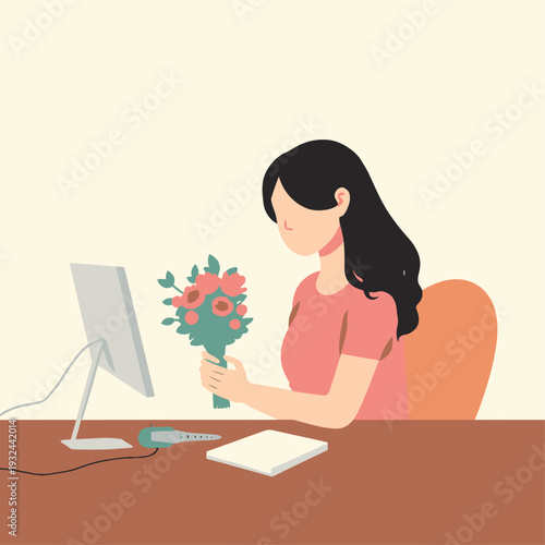 Woman holding flowers at computer vector