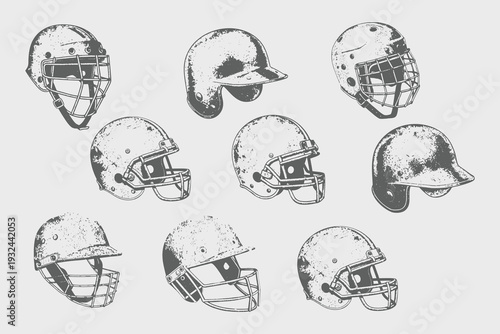 Vintage sketch sports Helmet set vector illustration. Hand drawn retro Cricket Helmet, Baseball, American Football, Rugby, Hockey, Lacrosse Helmet. eps 10