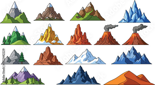 Mountain and Volcano Vector Collection Featuring Snow-Capped Peaks, Forested Hills, and Active Eruptions for Nature and Landscape Art