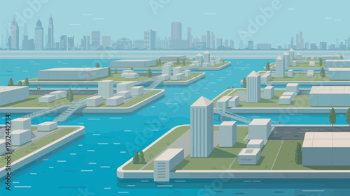 A serene cityscape with modern buildings and skyscrapers surrounded by water and a vibrant urban landscape