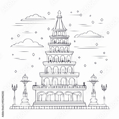 Black and white illustration of a pagoda with lamps and clouds.