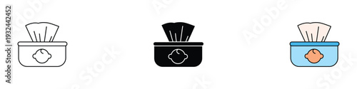 Baby wipes icon set. Wet tissue box symbol for infant hygiene, skin care, and nursery essentials design. Vector Illustration.