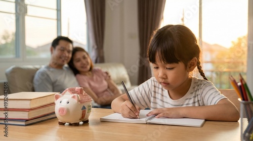 Selective focus shot of a cute Asian girl doing homework at a desk with a house-shaped piggy bank, while her proud parents watch smiling in the blurred background.