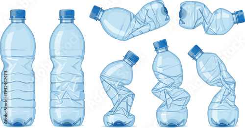Plastic Water Bottle Vector Collection Featuring Intact and Crushed Designs for Recycling, Waste Management, Environmental Awareness, and Eco Art