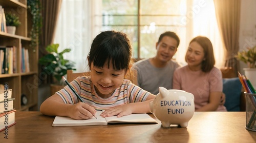 Selective focus shot of a cute Asian girl doing homework at a desk with a house-shaped piggy bank, while her proud parents watch smiling in the blurred background.