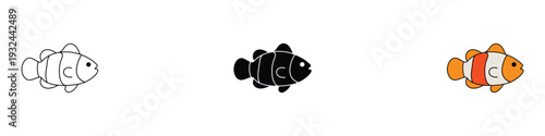 Clownfish icon set. anemone fish symbol for marine life, aquarium, and ocean nature design. Vector Illustration.