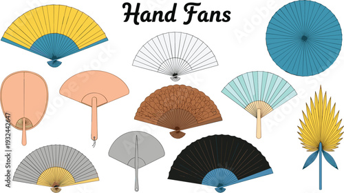 Traditional Hand Fan Vector Collection with Folding, Round, and Palm Leaf Designs for Fashion, Ceremony, and Decorative Art