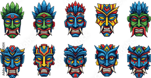Tribal Mask Vector Collection Featuring Colorful Cultural Designs with Geometric Patterns, Feathers, and Ornamental Facial Motifs
