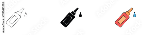 Super glue bottle icon set. Adhesive liquid tube with droplet symbol for repair, craft, and industrial bonding design. Vector Illustration.