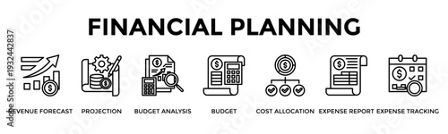 Financial Planning Banner Web Icon Set Collection Pack Vector Illustration Concept For Revenue Forecast, Projection, Budget Analysis, Budget, Cost Allocation, Expense Report, Expense Tracking