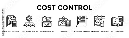 Cost Control Banner Web Icon Set Collection Pack Vector Illustration Concept For Budget Deficit, Cost Allocation, Depreciation, Payroll, Expense Report, Expense Tracking, Accounting
