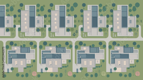 An aerial view of a suburban neighborhood with rows of modern houses and green lawns