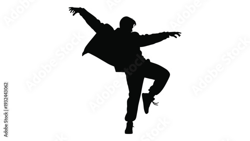 Silhouette of a person dynamically dancing with arms outstretched against a white background