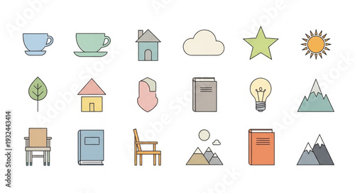 Collection of various colorful icons representing different objects and concepts.