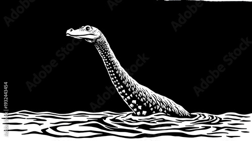 A black and white, woodcut-style illustration of a mythical sea creature with a long neck, resembling the Loch Ness Monster, emerging from water.
