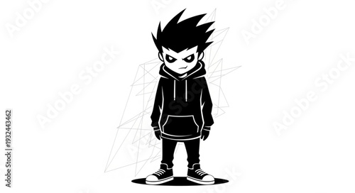 Cartoon boy with spiky hair and hoodie.