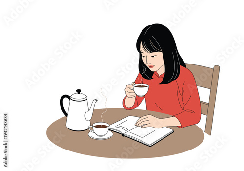 Woman reading book and drinking tea vector illustration