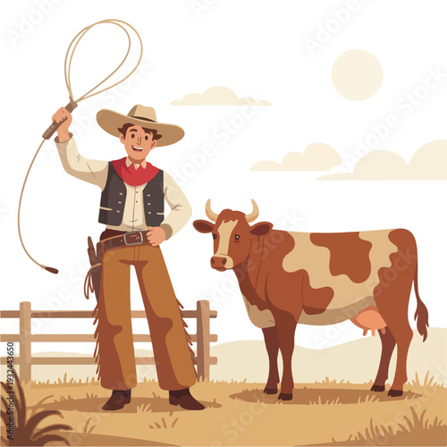 Cartoon happy cowboy with las
