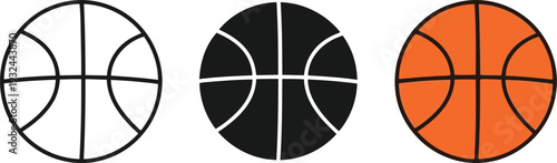 Set of three basketball icons in outline, solid black, and colored orange styles on white background.