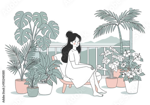 Woman relaxing on balcony with potted plants vector