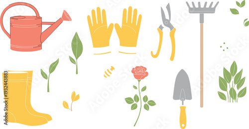 Home Gardening Illustration Set with Watering Can, Rubber Boots, Pruning Shears, Rake, Garden Gloves, Trowel, Rose, and Honey Bee