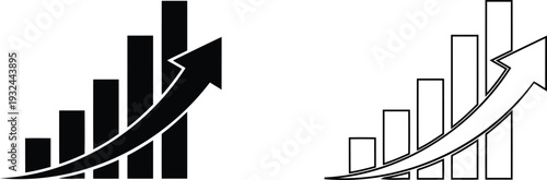 Black and white bar chart illustrations with upward trending arrows symbolizing progress and development.
