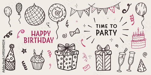 A collection of hand drawn party elements and birthday decorations