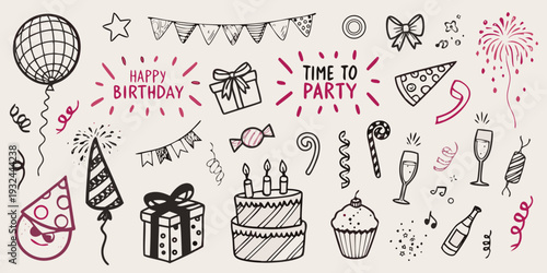 Hand drawn birthday illustrations including balloons cake and celebratory elements