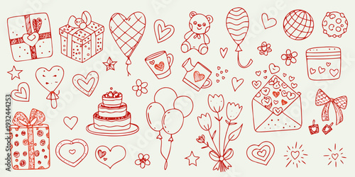 Hand drawn doodle set featuring romantic gifts flowers and celebratory items