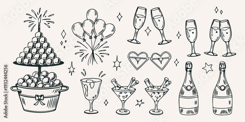 Celebratory doodles featuring champagne balloons and festive party elements