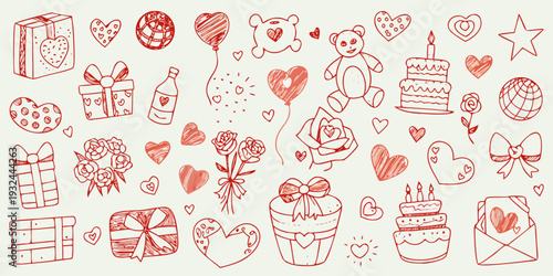 A collection of hand drawn valentine s day and celebratory doodles