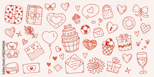 A collection of hand drawn red valentine s day themed illustrations