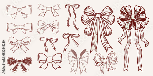 Collection of vintage style hand drawn bows and ribbon illustrations