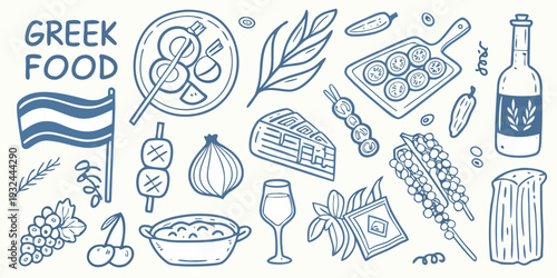 A colorful doodle illustration of traditional greek food and cultural elements