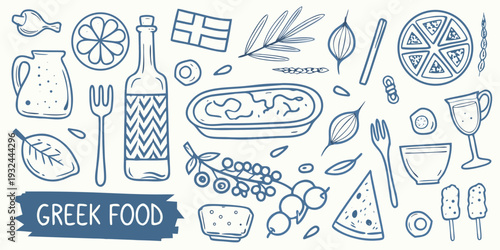 Doodle style illustration of various greek food items and design elements